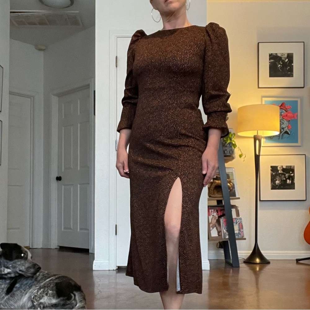 Sleek Black and Brown Print Long Sleeve Midi Dress!